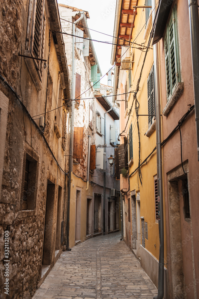 2019, Europe, Croatia, Rovinj. Architecture of old town, lonely narrow street of Rovinj. Travel, adventure concept. City background.