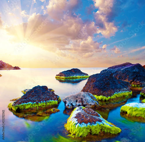 Obraz na płótnie magical beautiful inspiring, picturesque landscape with the sunrise at sea and stones in bright moss. Charming places. w salonie