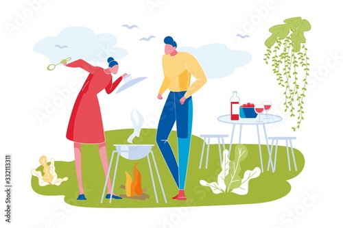 Woman and Man Standing near Barbecue Grill Outdoor above Bonfire. Cooking on Open Air on Park, Garden or Meadow. Family Relax. Table with Bottle of Wine and Plate on Background. Modern Flat Vector