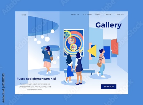 Women in Modern Museum View Exhibits. Exhibition Center. Vector Illustration . White Background. Walk Through Museum. Visit Exhibition. Art Gallery. Watch Exclusive Exhibits. Exhibition of Paintings.