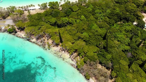 Surrounded by plants of coconut trees and column pines, the beach of Kanumera bay is ideal for snorkeling in the scenario of the Isle of Pines in New Caledonia. photo