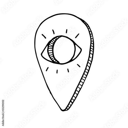 Vector illustration. Hand drawn contour of Ouija board pointer with an image of an eye isolated on white background. Occult symbol. Simple doodle clipart in a trendy minimalism style.