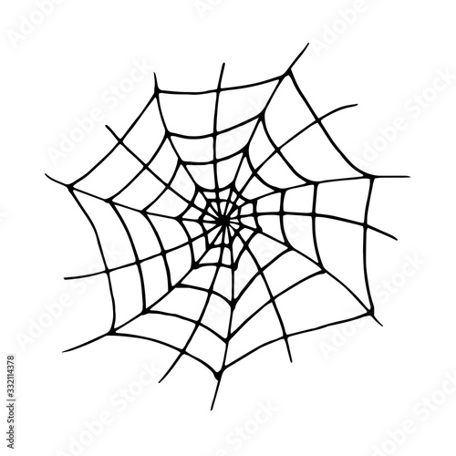Vector illustration. Single hand drawn contour of spiderweb isolated on white background. Simple doodle clipart in a trendy minimalism style. 