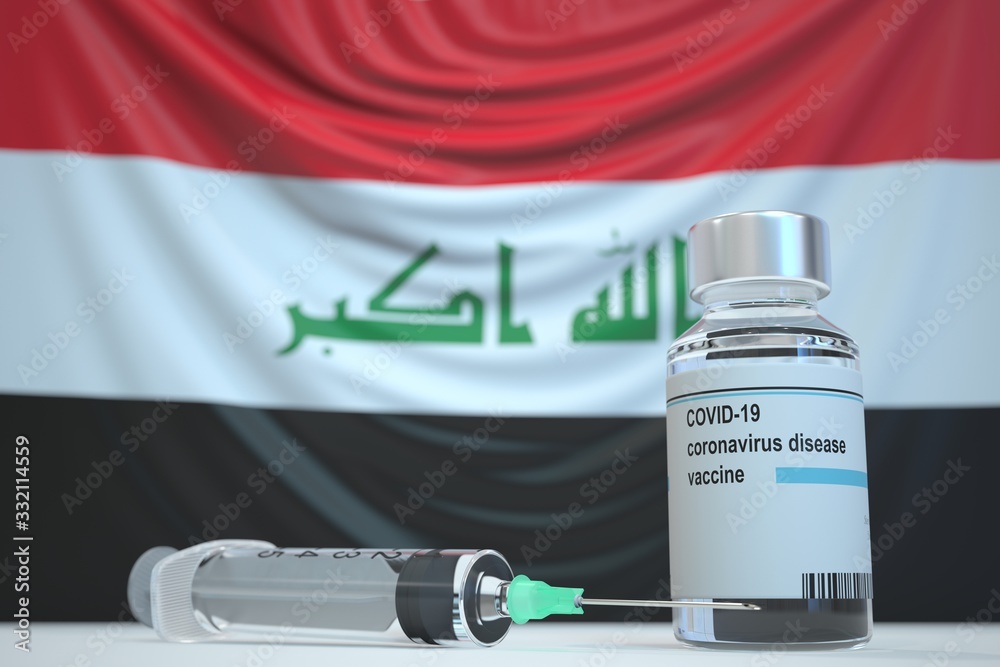 New coronavirus vaccine with flag of Iraq as a background. Iraqi medical research and vaccination, 3D rendering