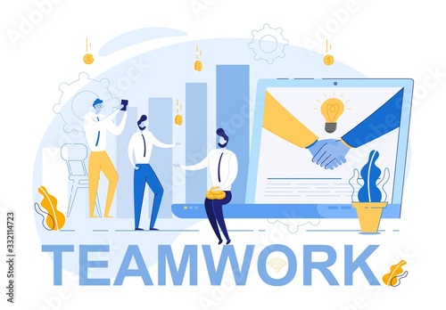 Coordinated Teamwork and Effective Management. Partnership Agreement Conclusion. Business People on Laptop Screen with Shakehand Gesture and Money Symbols Background. Flat Cartoon Vector Illustration.