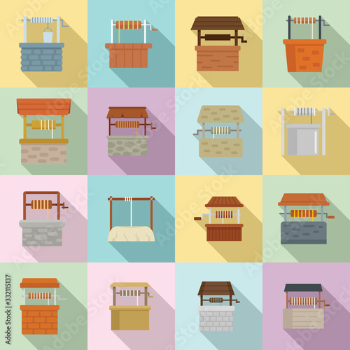 Water well icons set. Flat set of water well vector icons for web design