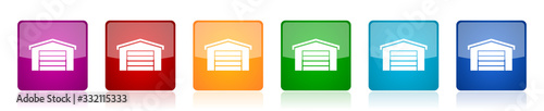 Garage building icon set, colorful square glossy vector illustrations in 6 options for web design and mobile applications