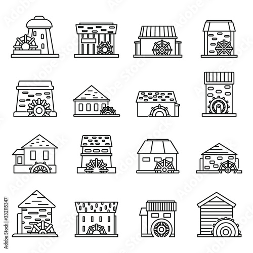 Farm water mill icons set. Outline set of farm water mill vector icons for web design isolated on white background