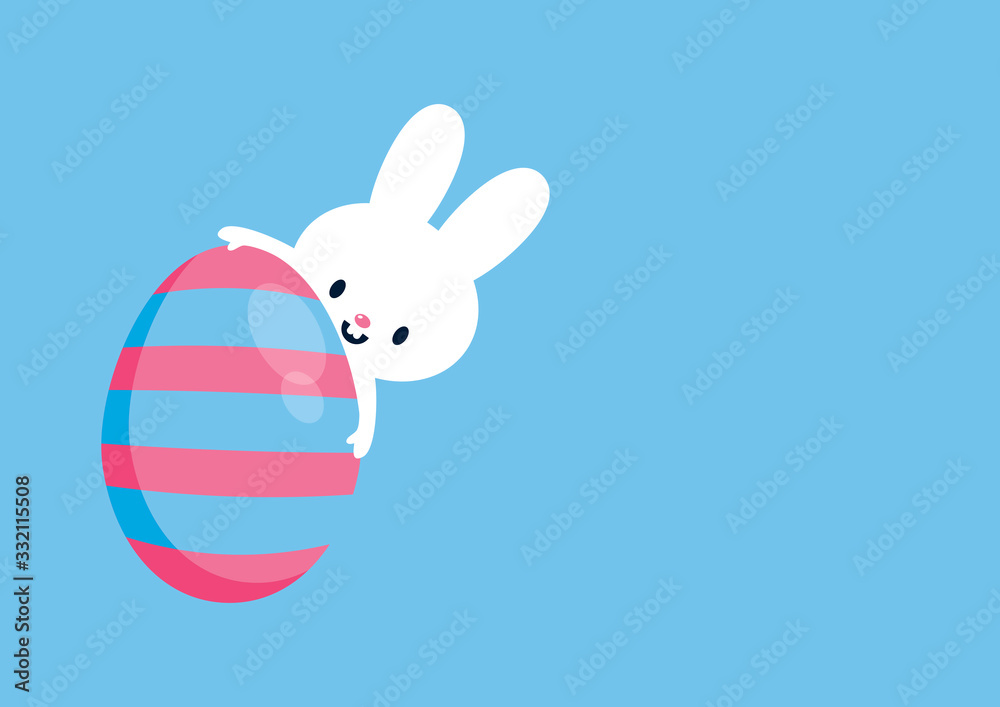 Obraz premium Happy Easter bunny with painted egg vector. White Easter bunny vector. Easter greeting card with copy space for text. Pink and blue easter egg vector