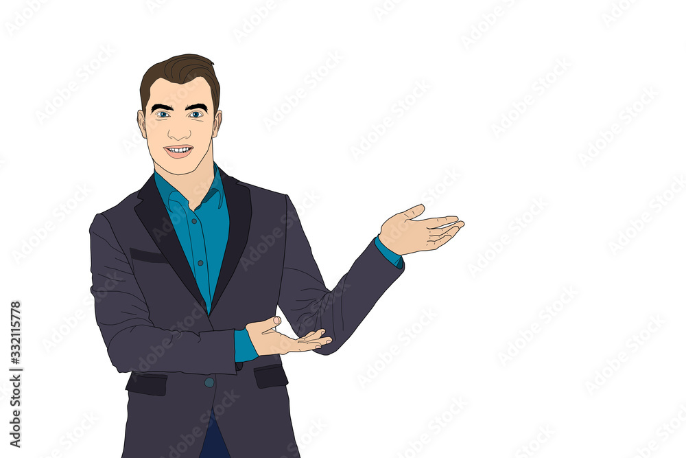 Businessman in suit. Business concept with icons. Cartoon Handsome successful man. illustration isolated on background Businessman in suit. Business concept with icons. Cartoon Handsome successful man. illustration isolated on background