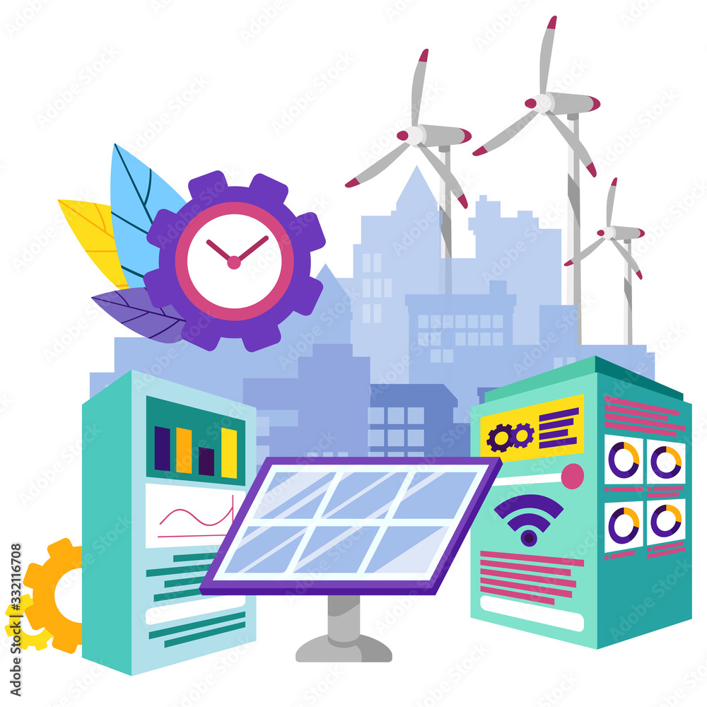 Power Supply of Plant. Solar Battery. Operating System of Industrial Enterprise. Computer Technology. Working Process. Automation and Technology. Vector Illustration. Smart Idustry. Energy Saving.