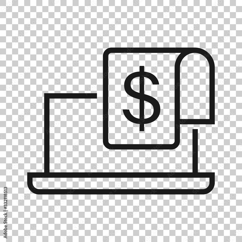 Laptop with money icon in flat style. Computer dollar vector illustration on white isolated background. Finance monitoring business concept. Laptop with money icon in flat style. Computer dollar vector illustration on white isolated background. Finance monitoring business concept.