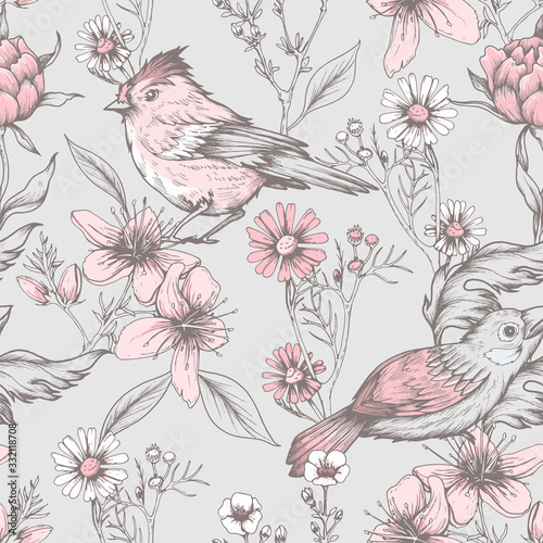 Seamless vintage pattern with flowers and birds