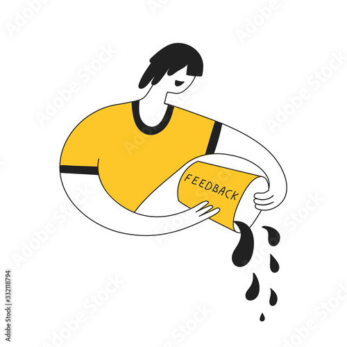 Get feedback, survey, critique reviews or  response from customer or user. Cute cartoon man pours a bucket of water. Creative line yellow vector illustration on white background.