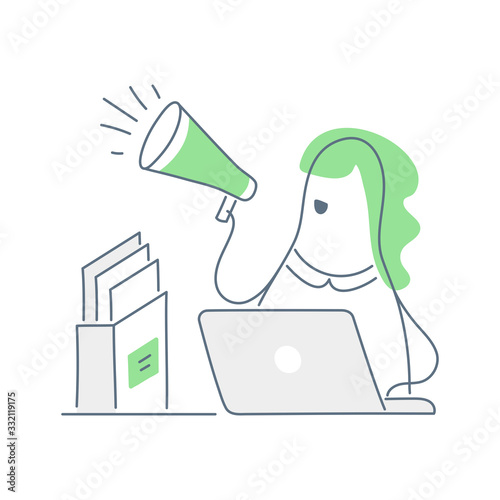 Marketing, media, advertisement, PR or online promotion concept. Cartoon woman holding the megaphone or bullhorn with the laptop and folder of documents on the table. Flat line vector illustration.