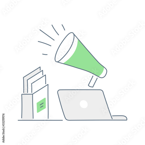 Hiring or web marketing, advertising or PR icon concept. Horn, laptop and stack of documents. Flat line isolated vector illustration on white.