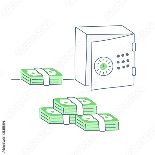 Safe box and stacks of money. Bank loan, deposit, money savings or cash protection concept. Flat line vector illustration on white.