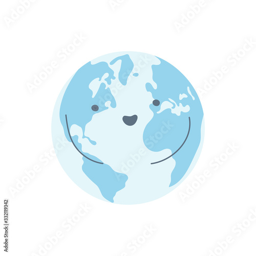 Planet Day, planet ecology, environment protection, save Earth. Blue happy cartoon Earth character. Flat line isolated vector icon illustration on white.