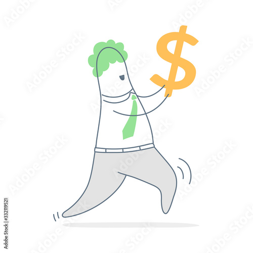 Running businessman share info about refer a friend to earn cash money. He carries a dollar sign in his hands. Concept of referral marketing. Flat line clean UI UX vector illustration on white.