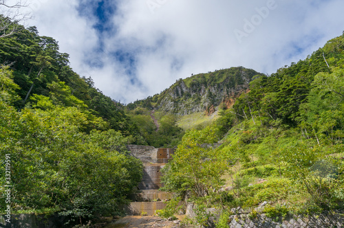 Dam wall with mountain on the background and green forest