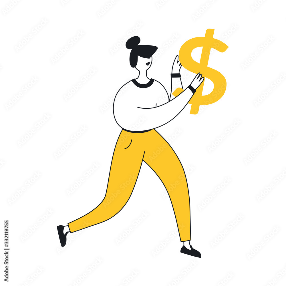 Running businesswoman share info about refer a friend to earn cash money. She carries a dollar sign in his hands. Concept of referral marketing. Flat line clean UI UX vector illustration on white. Running businesswoman share info about refer a friend to earn cash money. She carries a dollar sign in his hands. Concept of referral marketing. Flat line clean UI UX vector illustration on white.