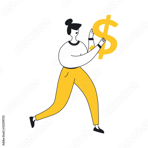 Running businesswoman share info about refer a friend to earn cash money. She carries a dollar sign in his hands. Concept of referral marketing. Flat line clean UI UX vector illustration on white.