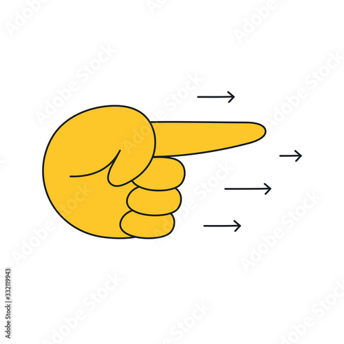 Pointing hand sketch. Forefinger, index finger indicates the direction along the arrow, this way concept. Flat line yellow vector illustration ob white.