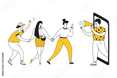 Refer a friend loyalty program, referral marketing, online promotion method. Group of or clients holding hands and walking in the giant smartphone. Flat clean modern vector illustration.