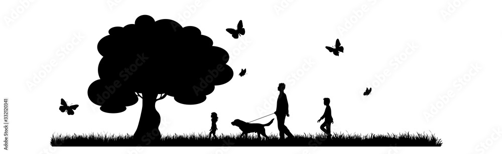 Φωτογραφία Vector silhouette of man walking with dog and his children in meadow on white background