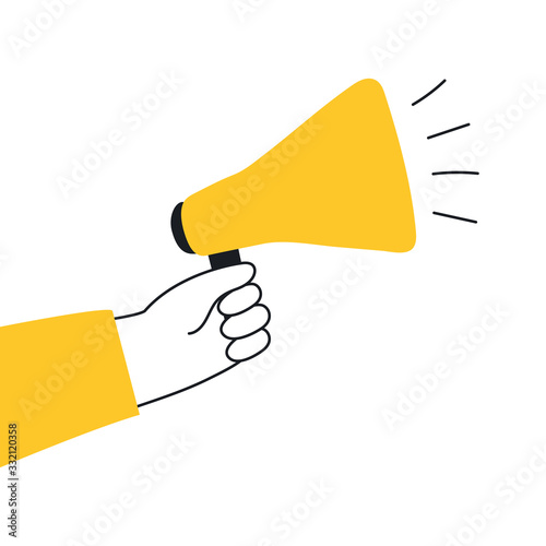 Hand holding megaphone or loudspeaker. Refer a friend, promotion, message, offer, PR, announcement. Banner for business, marketing or advertising. Flat line modern icon vector illustration on white.