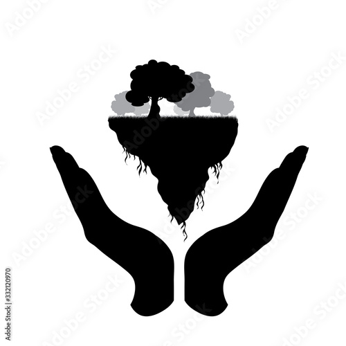 Vector silhouette of hands in defensive gesture protection piece of land with grass on white background. Symbol of nature and planet.