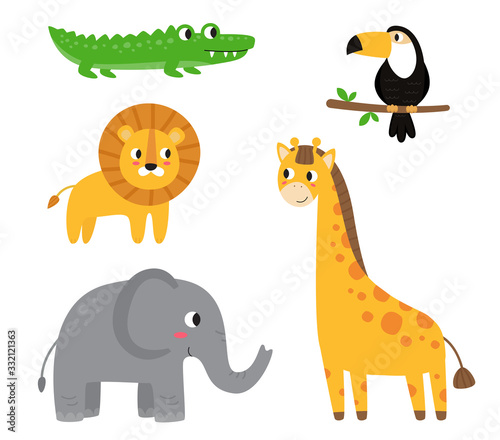 Collection of cute cartoon African animals on white background.