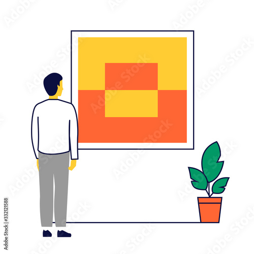 Hombre viendo una pintura abstracta en una exposición de arte. Visitante en una galería de arte contemporáneo.