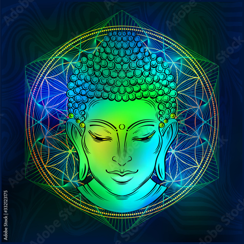 Existential Image of Lord Buddha with in psychedelic colors with tibetan mandala on the background