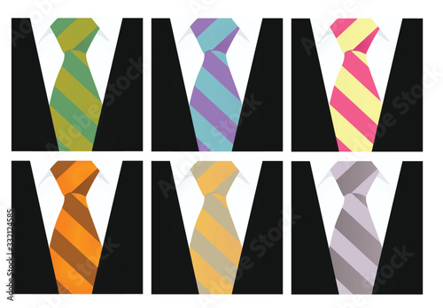 White shirt and black suit with colorful tie set. close up. vector 