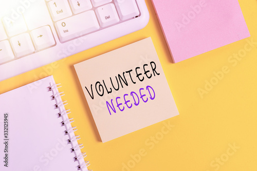 Writing note showing Volunteer Needed. Business concept for asking demonstrating to work for organization without being paid Empty papers with copy space on yellow background table photo