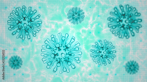 Virus cells under microscope view. medicine concept render with flu coronavirus