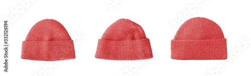 Red Winter Cap or Beanie Isolated on White Background