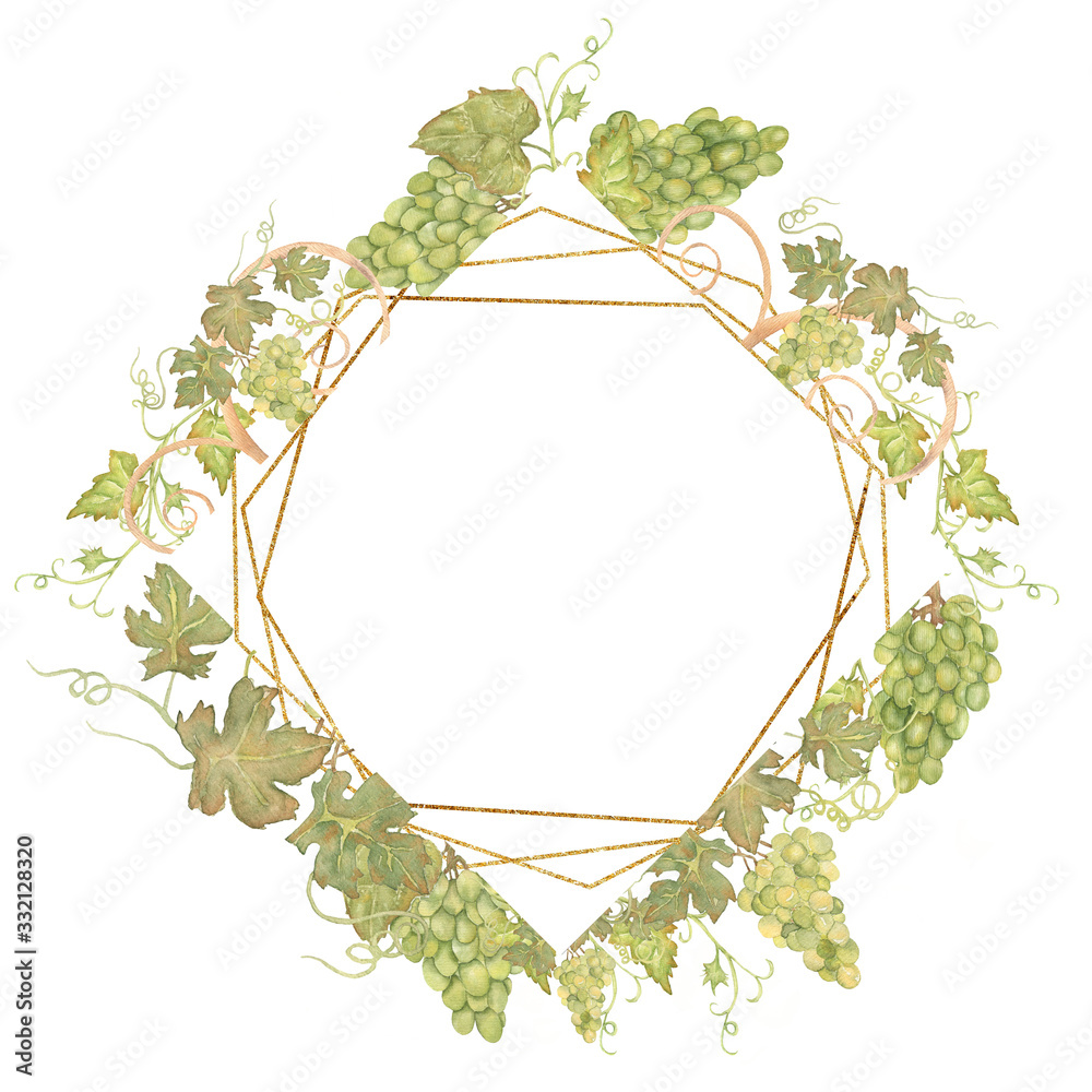 Fototapeta premium Watercolor green grapes and golden frame illustration. Modern summer fruits set. Wedding invitation card.Hand drawn spring floral arrangement. Wedding decor.