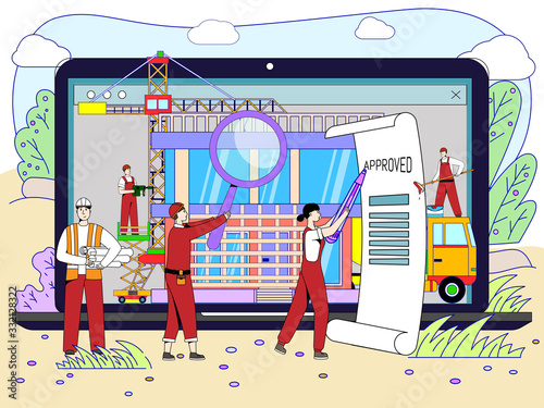 Architectural project approval concept, people cartoon characters engineering building, vector illustration. Tiny men and women sign document, technical inspection at construction site, flat style