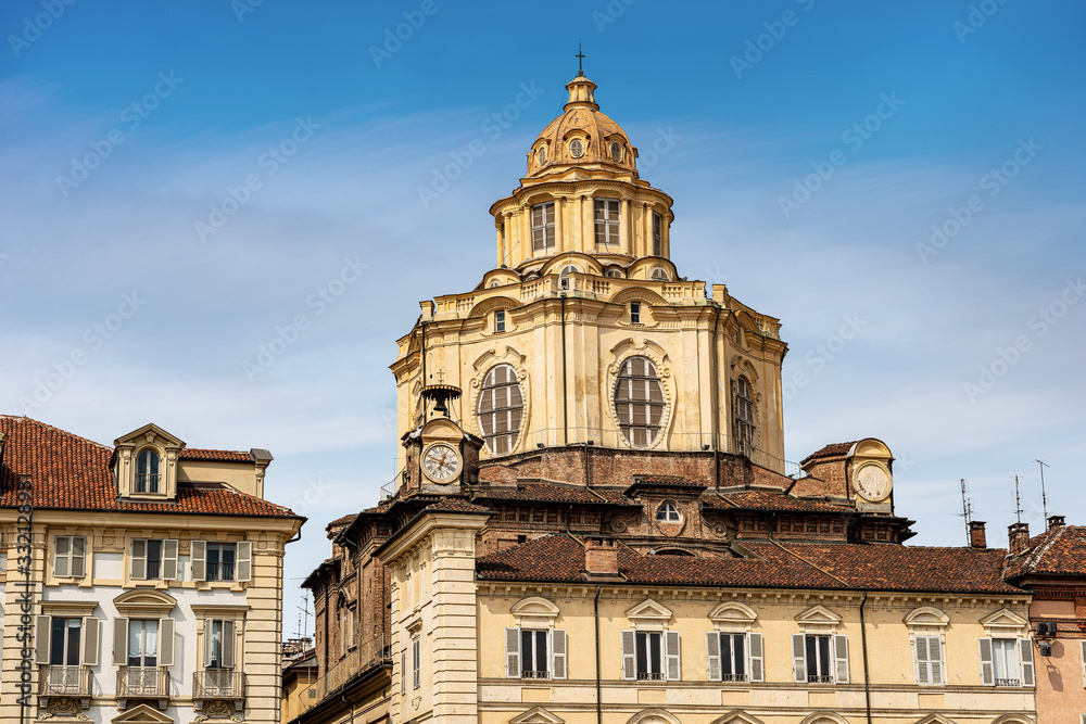 Real Chiesa di San Lorenzo with the dome. Ancient church in Baroque style (XVII century) in Turin downtown, UNESCO world heritage site. Piedmont, Italy, Europe