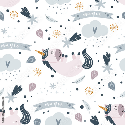 seamless pattern with magic unicorn on a white background - vector illustration, eps