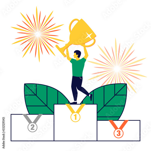 Hombre celebrando el éxito. Primer premio.
