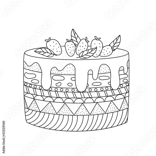 A simple cake with an ornament, layers, decoration. Hand drawn vector illustration, black lines on white, Doodle, sketch.Cute coloring book for children.