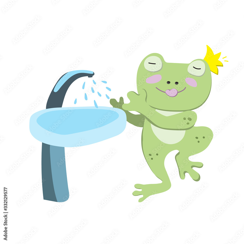 Fototapeta premium Cute green frog is washing his hands under tap in bathroom. Simple rule of hygiene for children in kindergarten, cafe, restaurant and public place. Flat illustration with character on white background