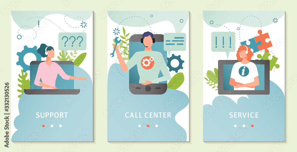 Customer support service, call center client assistance concept, online help people vector illustration. Set of vertical banners, technical support concept, operator answers questions in online chat