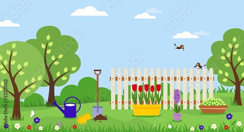 Fototapeta Naklejka Na Ścianę i Meble -  Banner with spring landscape. Potted tulips. Planting flowers shovel gardening. Vector illustration.