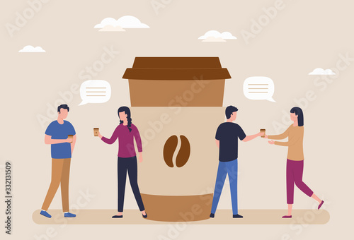 Coffee break concept. Young people, employees, friends drink coffee and talk. Men and women communicate and discuss business matters. Flat vector illustration on a light brown background.