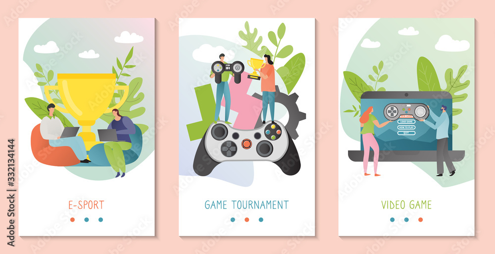 E-sport gaming team win award, set of concept banners with people cartoon characters, vector illustration. Computer video game competition, online cyber tournament player man and woman, contest winner