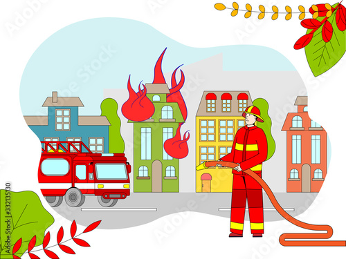 Firefighter cartoon character extinguish fire in burning house, flat style vector illustration. Fireman in uniform, emergency service truck, town house in flame. Brave man with water hose, rescue job